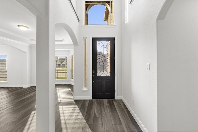 entrance foyer with dark wood-type flooring and a towering ceiling