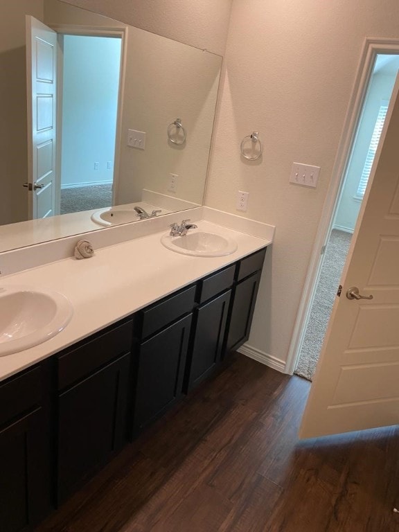 bathroom featuring double vanity and wood-type flooring