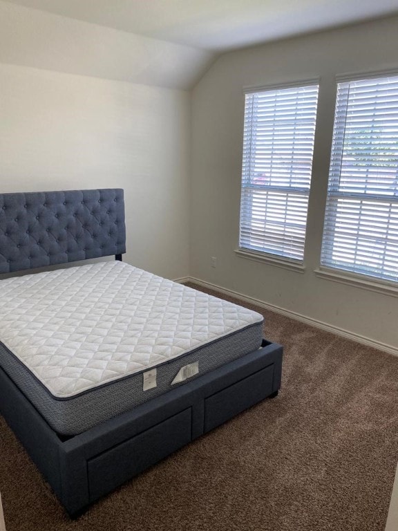 carpeted bedroom with lofted ceiling