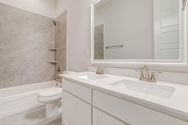 full bathroom with tiled shower / bath combo, tile flooring, toilet, and double sink vanity