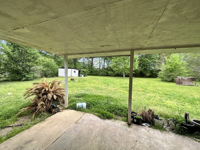 exterior space featuring a storage shed