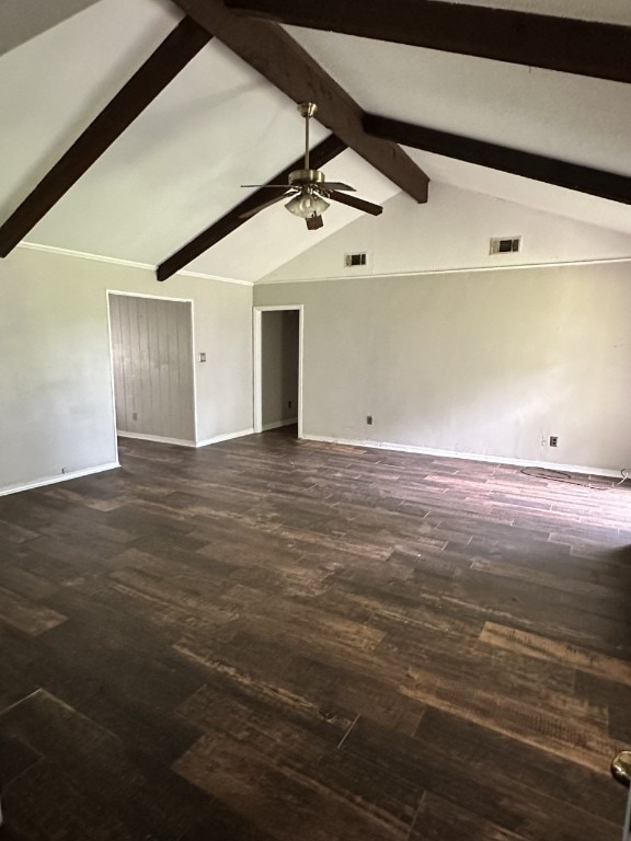 empty room with high vaulted ceiling, ceiling fan, dark hardwood / wood-style floors, and beam ceiling