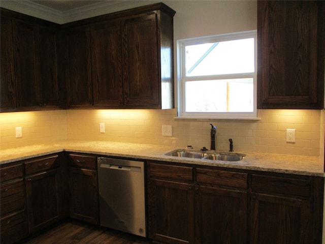 kitchen featuring dark wood-type flooring, sink, dishwasher, dark brown cabinets, and tasteful backsplash