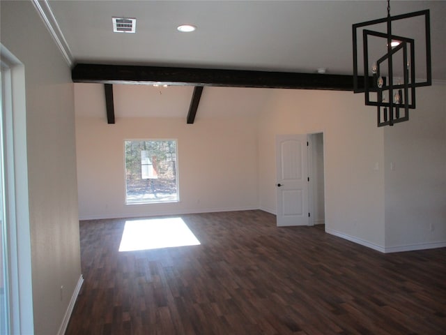 interior space with lofted ceiling with beams, dark hardwood / wood-style flooring, and a chandelier