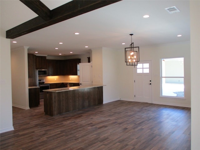 kitchen featuring decorative light fixtures, dark wood-type flooring, an inviting chandelier, appliances with stainless steel finishes, and dark brown cabinets