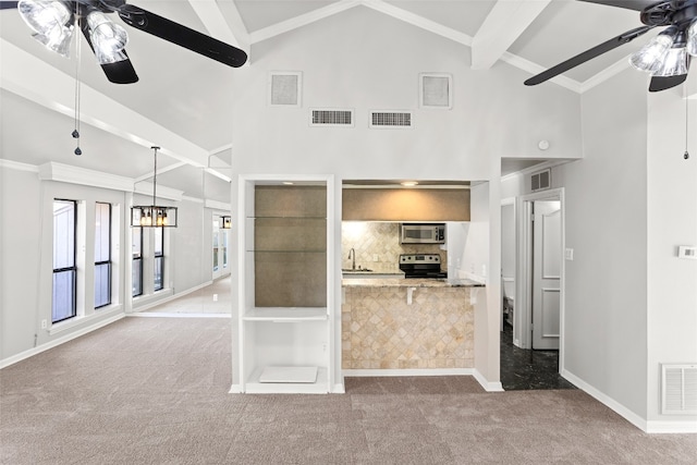 kitchen with sink, ceiling fan with notable chandelier, carpet floors, and appliances with stainless steel finishes