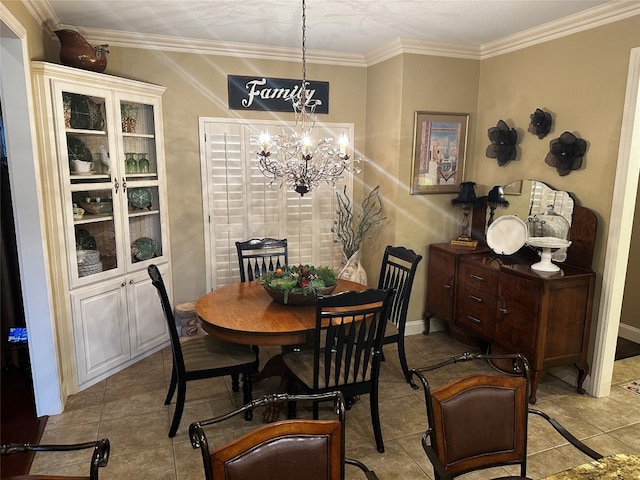 tiled dining space with ornamental molding and a chandelier