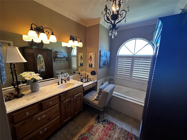 bathroom featuring an inviting chandelier, oversized vanity, a bath, ornamental molding, and tile floors