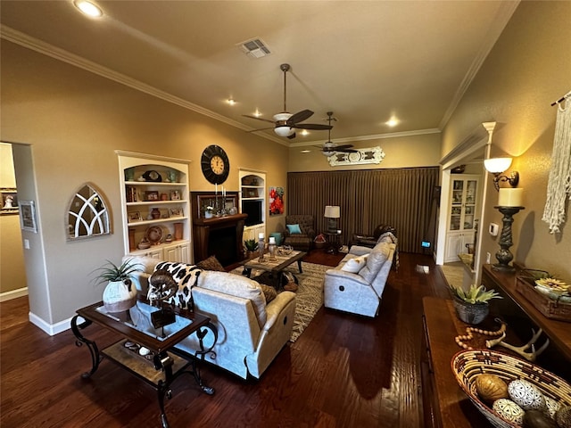 living room featuring crown molding, ceiling fan, and dark wood-type flooring