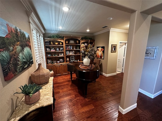 office featuring crown molding and dark wood-type flooring