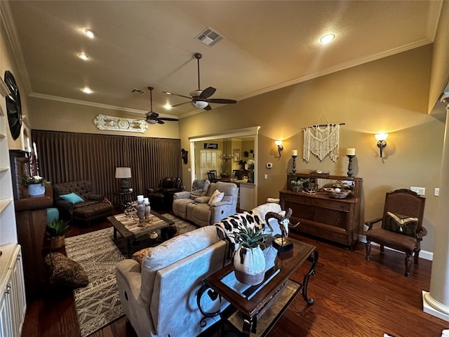 living room with ceiling fan, crown molding, and dark hardwood / wood-style floors