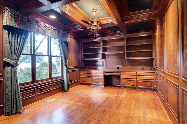 unfurnished office with coffered ceiling, built in desk, light hardwood / wood-style floors, and wood walls