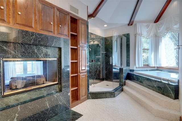 bathroom featuring vaulted ceiling with beams and separate shower and tub