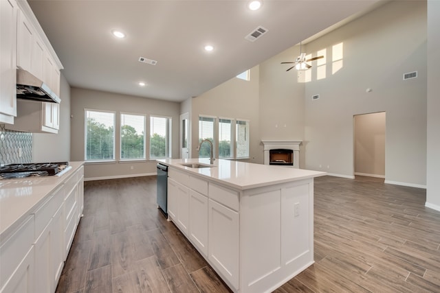 kitchen with extractor fan, ceiling fan, an island with sink, white cabinets, and appliances with stainless steel finishes