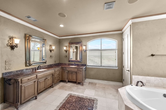 bathroom featuring dual vanity, tile floors, tiled tub, and ornamental molding