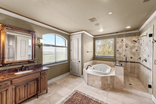 bathroom featuring tile floors, shower with separate bathtub, ornamental molding, and vanity