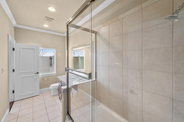 bathroom with toilet, vanity, crown molding, tile flooring, and an enclosed shower