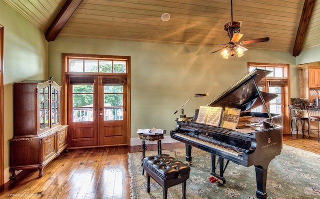 misc room featuring french doors, wooden ceiling, ceiling fan, and hardwood / wood-style flooring