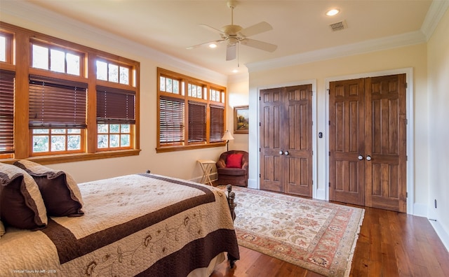 bedroom with crown molding, two closets, dark hardwood / wood-style flooring, and ceiling fan