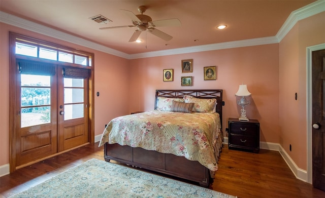 bedroom featuring french doors, ceiling fan, dark hardwood / wood-style floors, and crown molding