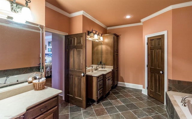 bathroom with tiled bath, large vanity, tile floors, and crown molding