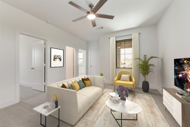 living room with light carpet and ceiling fan