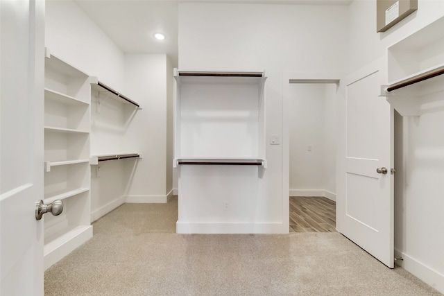 walk in closet with light carpet