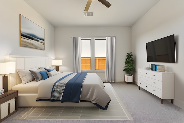 carpeted bedroom with ceiling fan