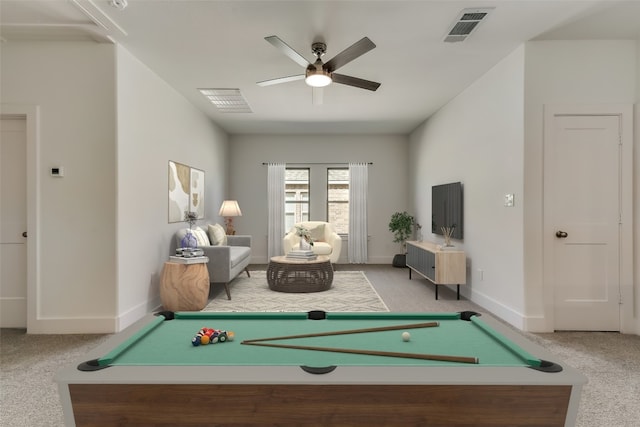 recreation room with carpet, ceiling fan, and pool table