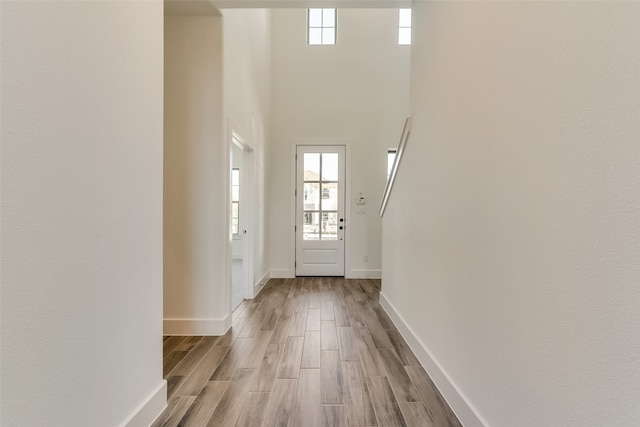 doorway featuring a healthy amount of sunlight, a high ceiling, and light wood-type flooring