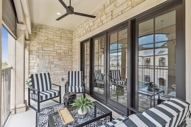 exterior space featuring french doors and ceiling fan