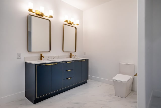 bathroom with tile flooring, double sink, toilet, and oversized vanity