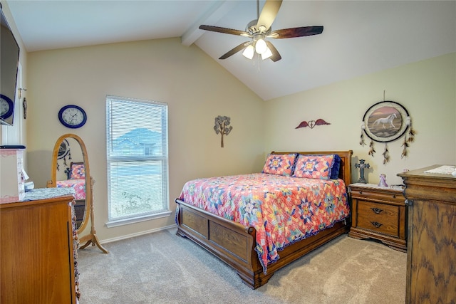 bedroom with vaulted ceiling with beams, multiple windows, ceiling fan, and light colored carpet