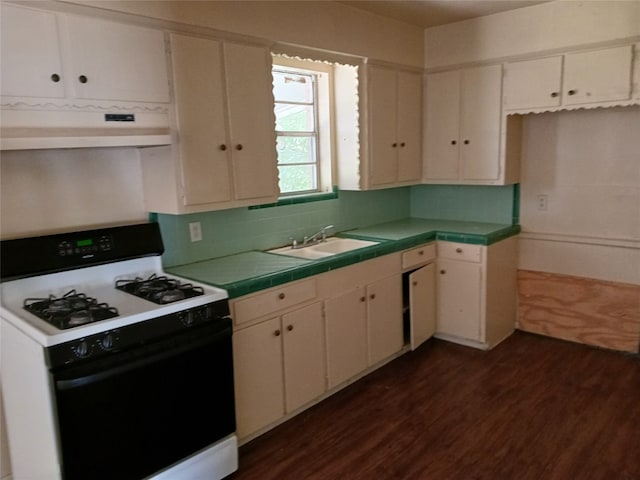 kitchen featuring tasteful backsplash, dark wood-type flooring, sink, fume extractor, and white gas stove