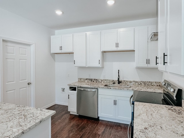 kitchen featuring dishwasher, sink, light stone countertops, dark hardwood / wood-style floors, and white cabinets