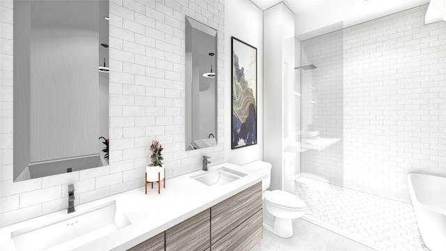 bathroom featuring dual sinks, oversized vanity, tile flooring, toilet, and tile walls