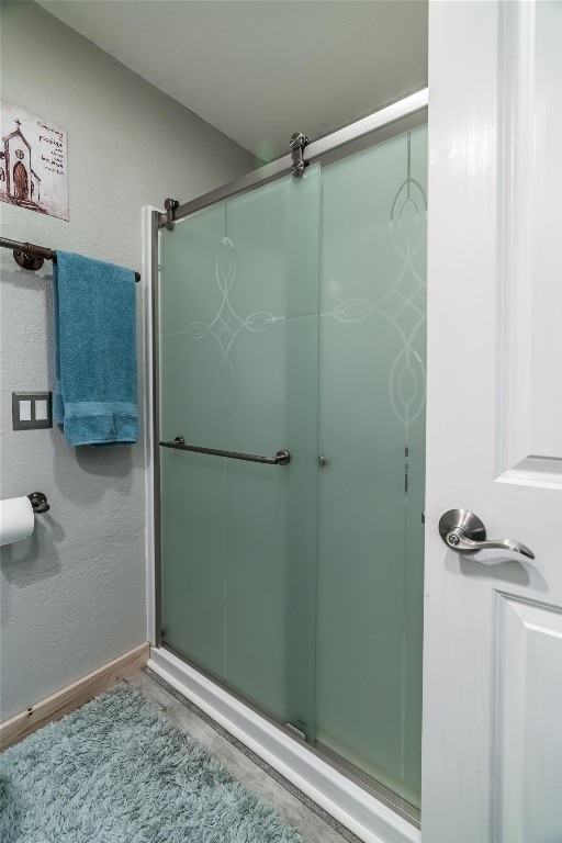 bathroom with hardwood / wood-style floors and a shower with door