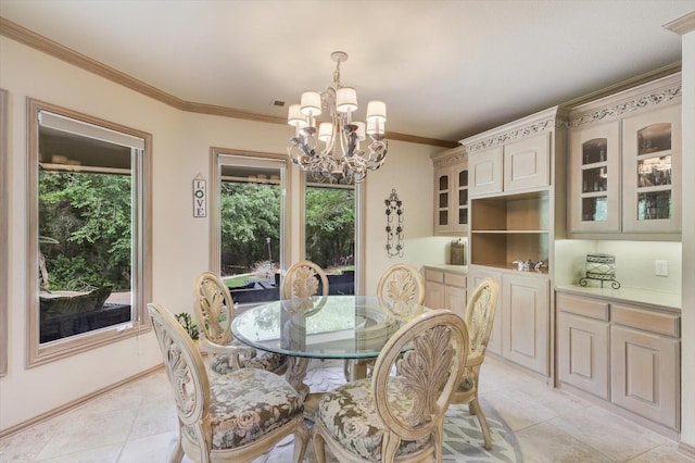 tiled dining room with crown molding and an inviting chandelier