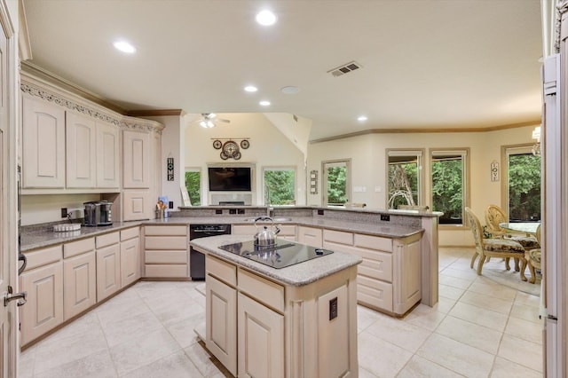 kitchen featuring a center island, ceiling fan, light tile patterned flooring, black appliances, and kitchen peninsula