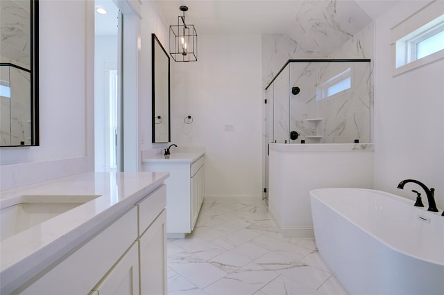 bathroom featuring double vanity, shower with separate bathtub, tile patterned floors, and a notable chandelier