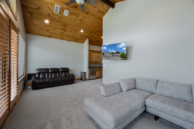 living room featuring wood ceiling, light colored carpet, high vaulted ceiling, ceiling fan, and beam ceiling