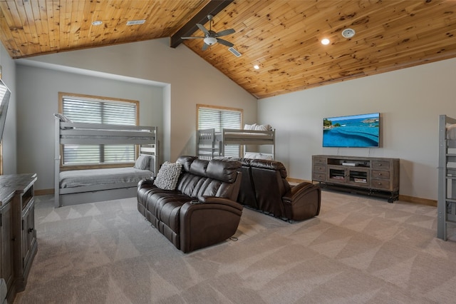 carpeted living room with wooden ceiling, ceiling fan, beamed ceiling, and high vaulted ceiling