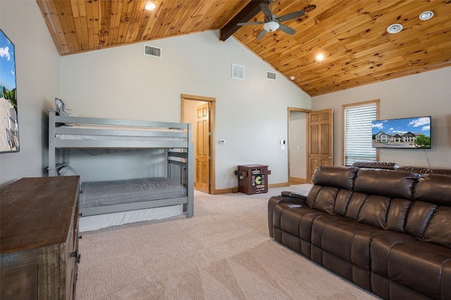 living room with ceiling fan, beamed ceiling, high vaulted ceiling, light carpet, and wood ceiling