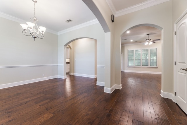 interior space with dark hardwood / wood-style flooring and ornamental molding