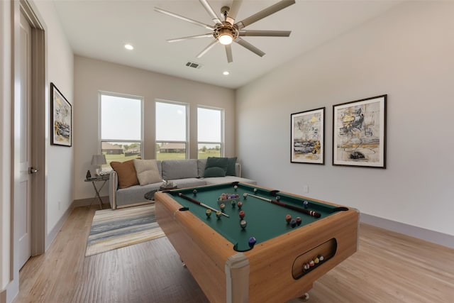 game room featuring ceiling fan, light wood-type flooring, and pool table