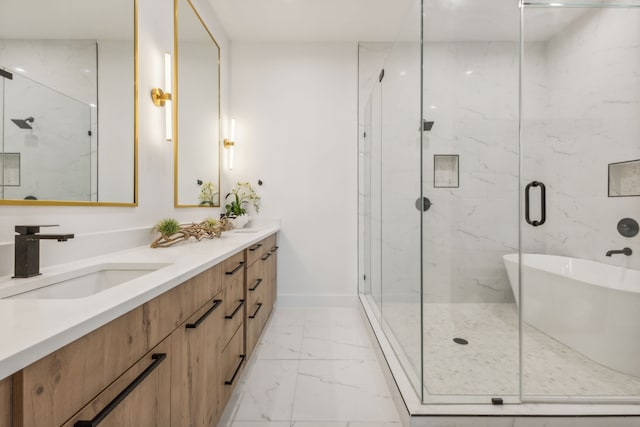 bathroom featuring plus walk in shower and vanity