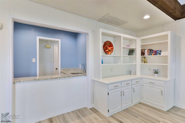 interior space with built in shelves, light wood-type flooring, and sink