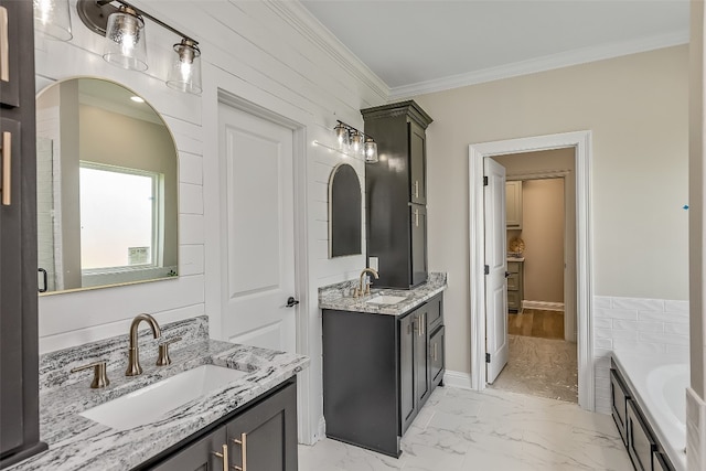 bathroom with tile flooring, double sink vanity, ornamental molding, and a bath to relax in