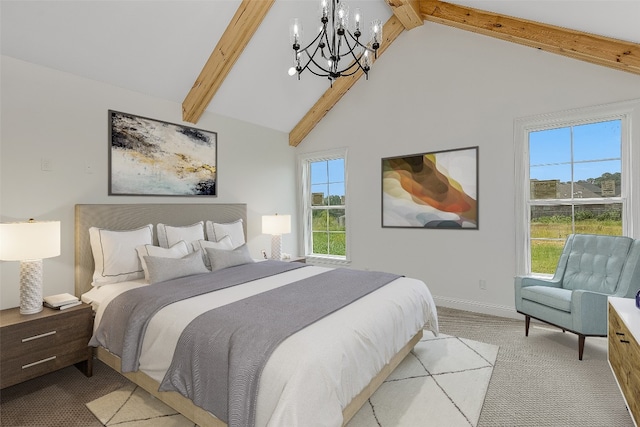 carpeted bedroom with high vaulted ceiling, beam ceiling, and a chandelier