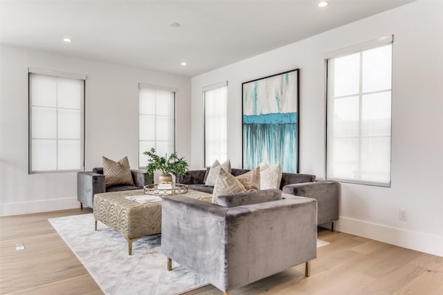 living room featuring plenty of natural light and light hardwood / wood-style flooring